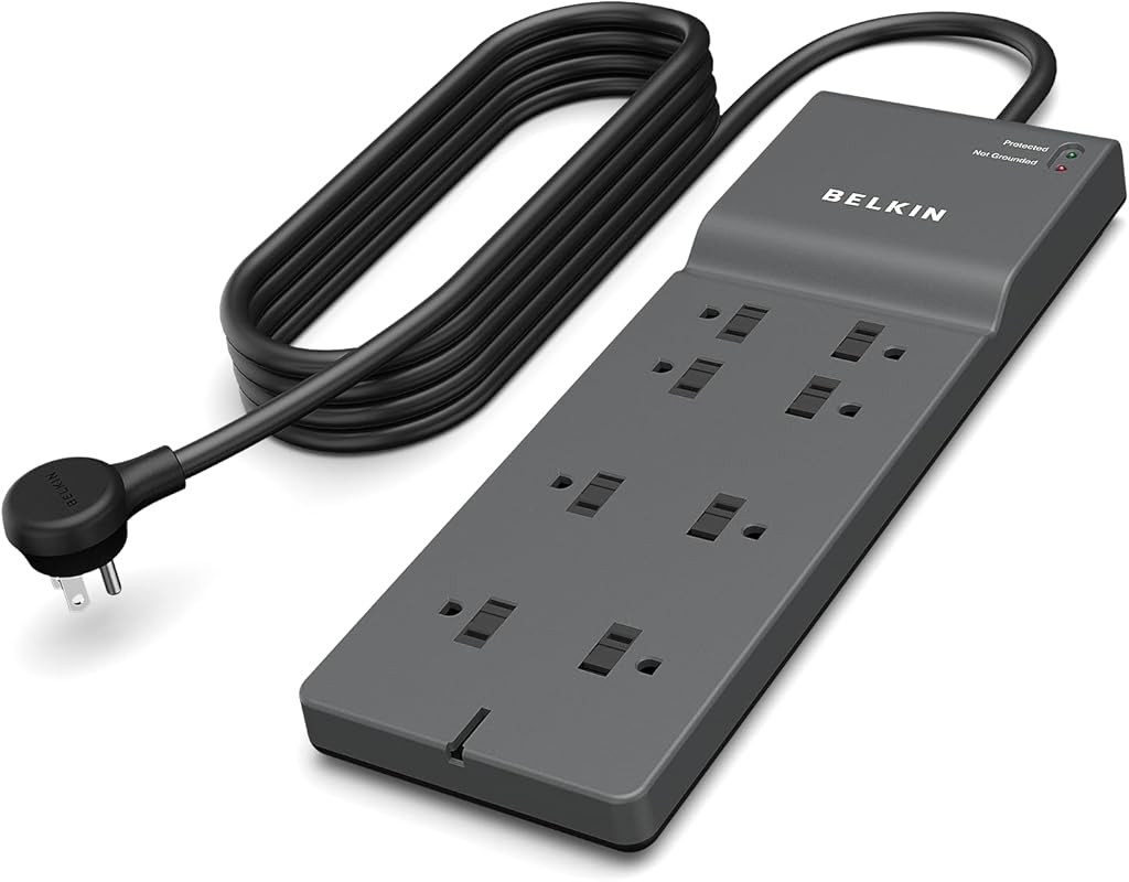 Belkin 8‑Outlet Surge Protector with 8‑Ft Flat Plug, UL‑Listed Heavy‑D