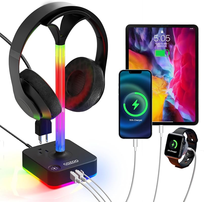 cozoo RGB Headphone Stand with Charger, 3 USB‑A, 1 USB‑C, 2 AC Outlets