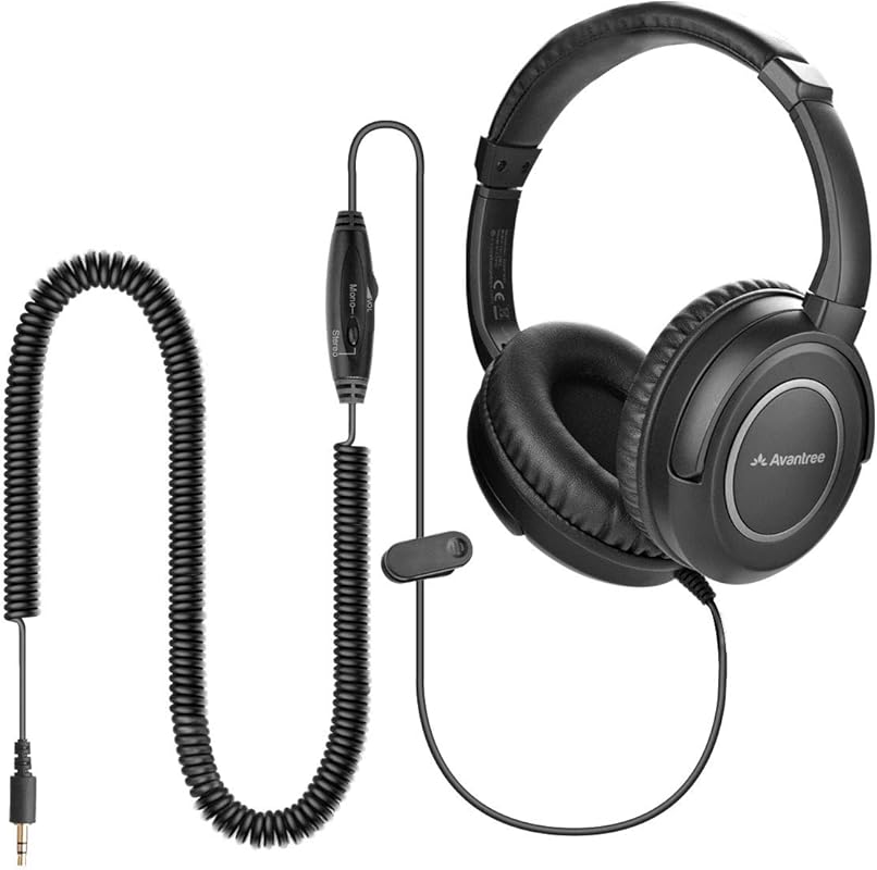 Avantree HF039 Long‑Coil Wired Headphones – 16.4‑ft (5 m) Cable, Volum