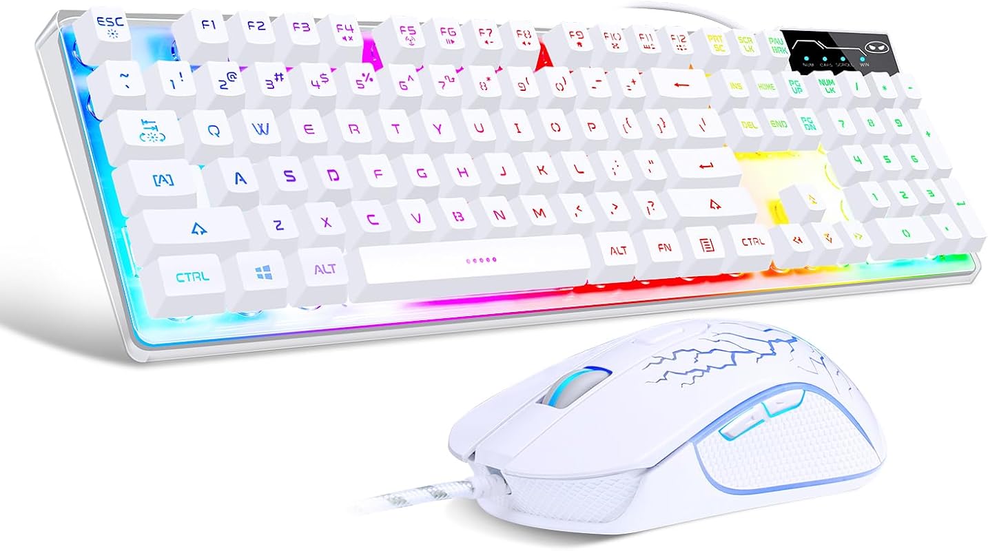 K1 RGB LED Backlit Gaming Keyboard & Mouse Combo, 104‑Key White Layout