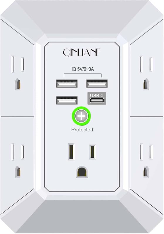 QINLIANF 5-Outlet Surge Protector Wall Charger with 4 USB Ports, 3-Sid