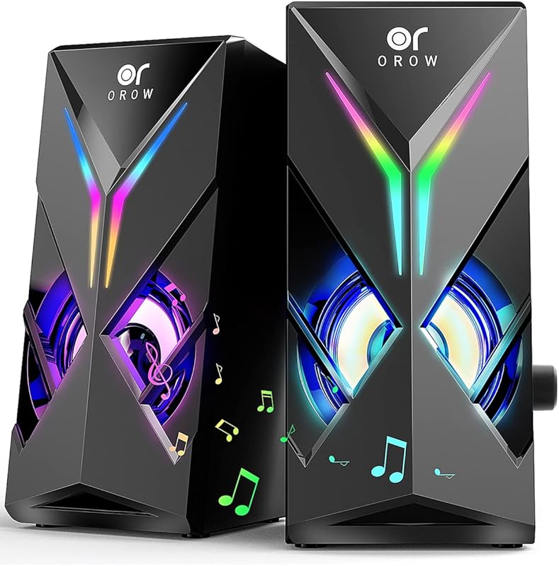 OROW 10W RGB Computer Speakers, LED lighting, volume control, 3.5mm aux input, works with PC and laptop