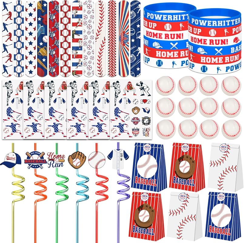 72 PCS Baseball Party Favors Set with Slap Straws, Bracelets, Tattoos,