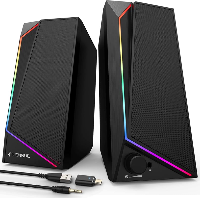 LENRUE USB/USB‑C Powered PC Speakers with Loud Stereo Sound, Headphone
