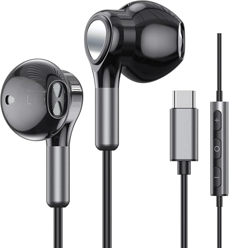 USB‑C Wired Headphones Compatible with Samsung Galaxy S26‑S20, iPhone 17‑15, Pixel, iPad; Mic, Volume Control, Noise‑Cancelling