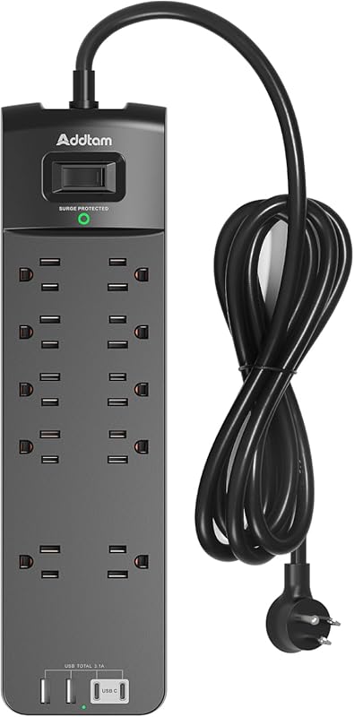 Addtam 10‑Outlet Power Strip with 4 USB Ports (2 USB‑C), 6‑Ft Flat Plu