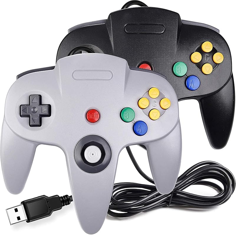 miadore 2‑Pack USB Wired N64 Controllers – Classic Black/Gray Gamepad
