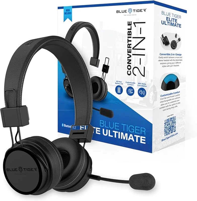 Blue Tiger Premium Elite 2‑in‑1 Bluetooth Headset with Dual/Ear Mode,