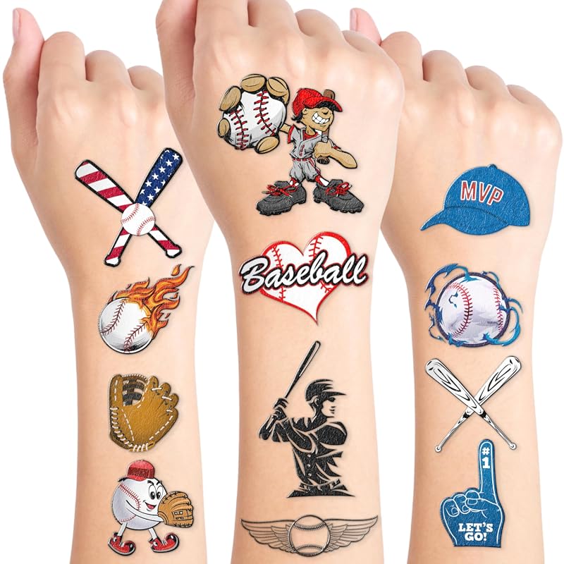96PCS Baseball Temporary Tattoos for Kids Sports Birthday Party Favors