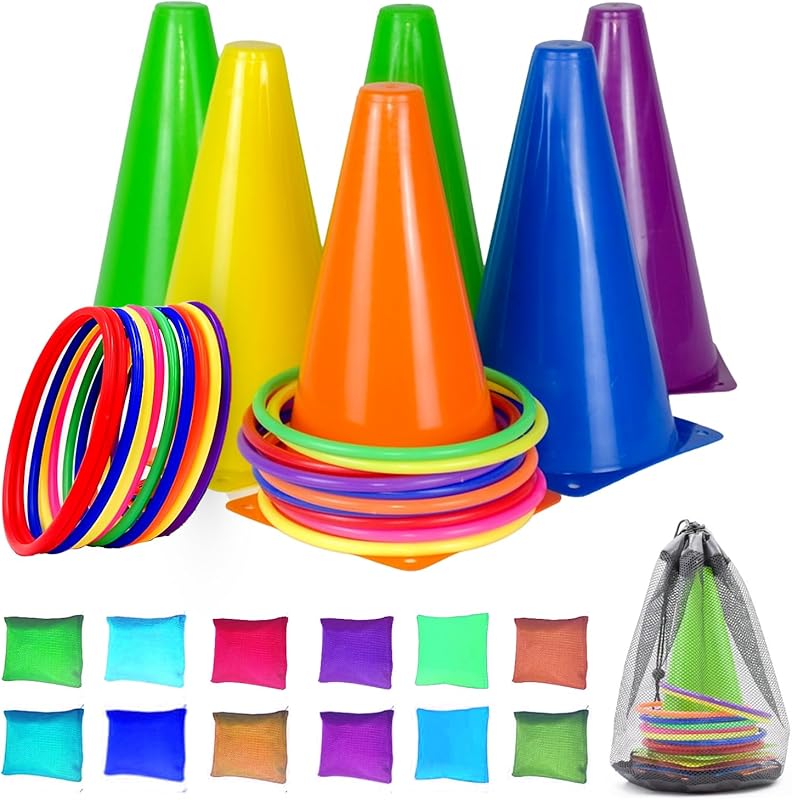 CircleCraft 31‑Piece Plastic Cones & Rings Set – Ring Toss, Bean Bag, 