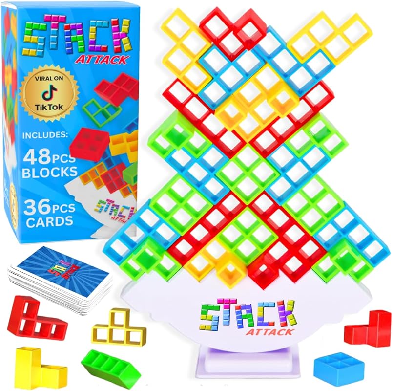 Stack Attack Tower Game – 48‑Piece Balance Building Set with 36 Cards 
