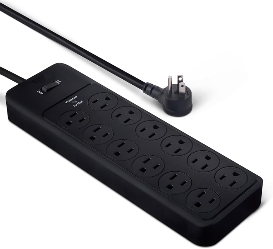 Amazon Basics 12‑Outlet Surge Protector Power Strip, 4,000J, 8‑ft Exte