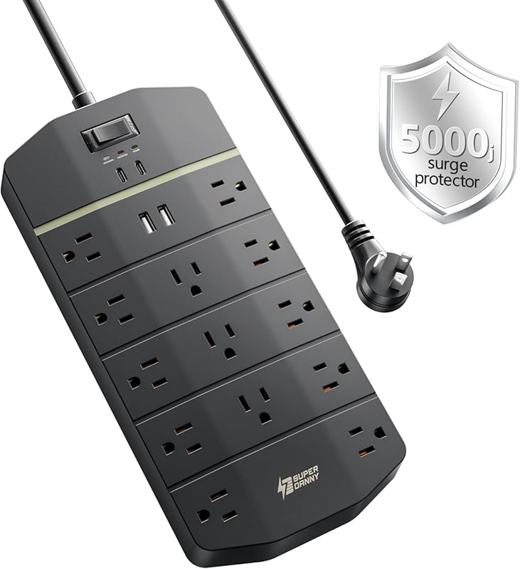 SUPERDANNY 13‑Outlet Surge Protector with 5,000J, 2 USB‑A + 2 USB‑C PD