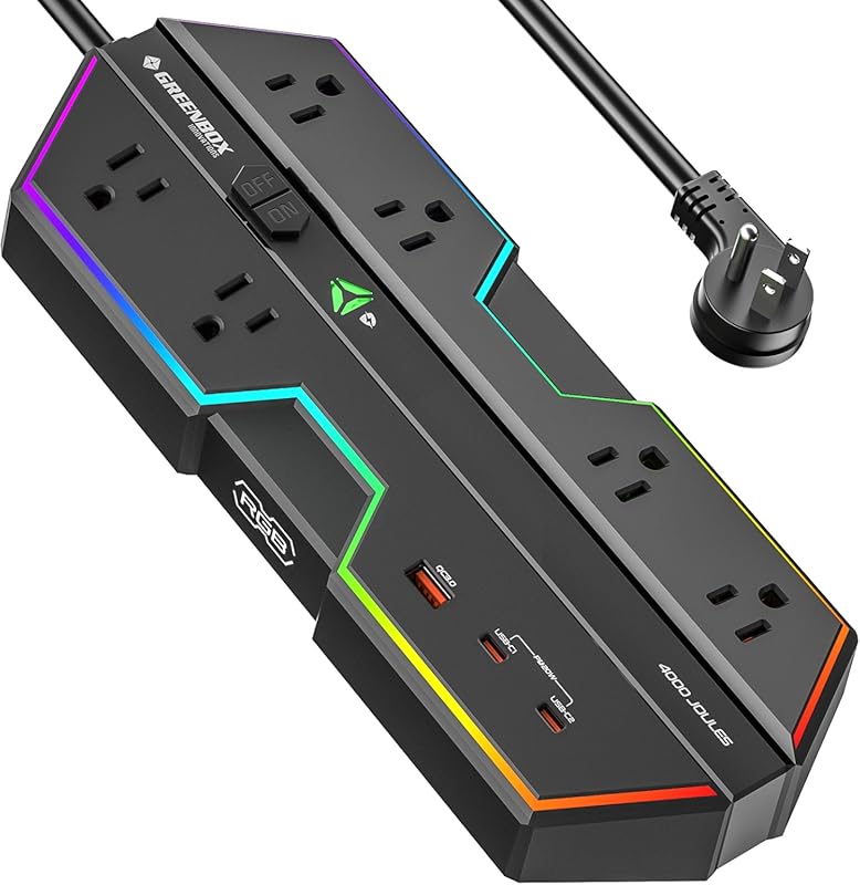 4000J RGB‑Lit Surge Protector Power Strip with 6 Outlets, USB Ports, 2