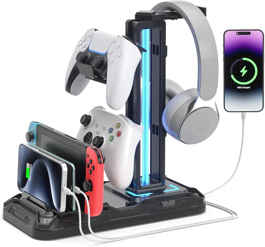 KDD Headset Stand with Charging Station, Rotatable Holder, 9 Light Mod