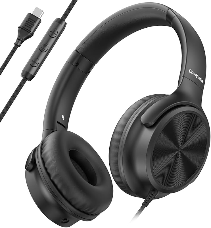 Cowyawn Over‑Ear USB‑C Headphones with Mic, Volume Control, HD Stereo, Foldable Design for Laptop, iPhone 15‑17, Teens, Adults
