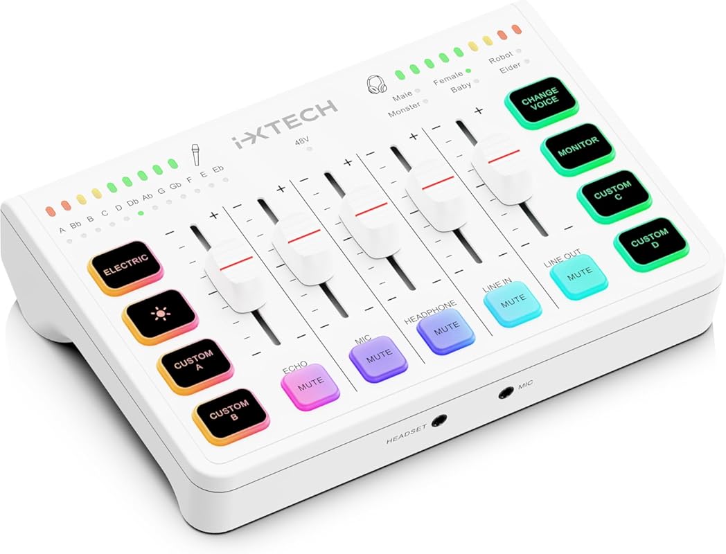 IXTECH 4‑Channel Gaming Audio Mixer with RGB Lighting – XLR Mic Suppor