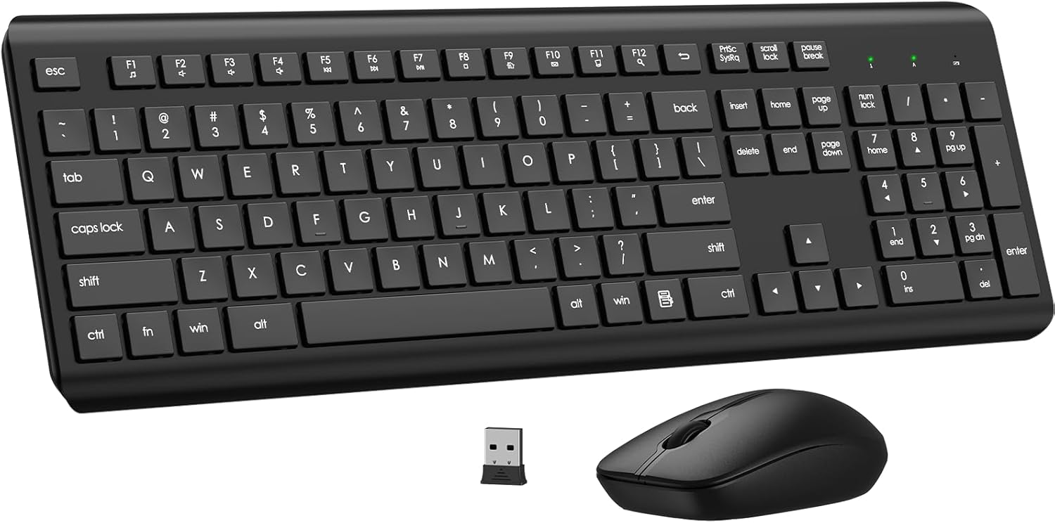 Wireless Full-Size Keyboard and Mouse Combo – Silent Keys, Long Batter