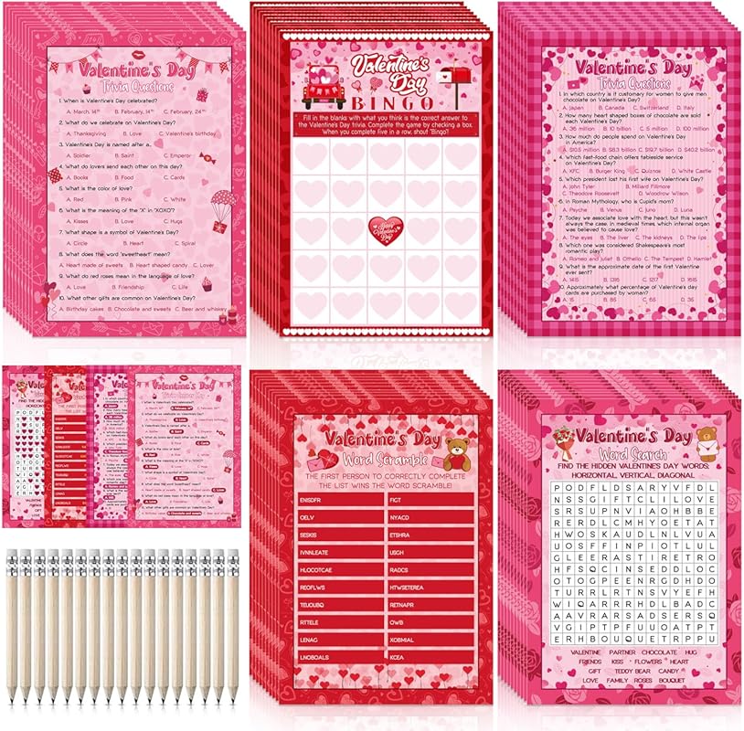 Pasimy 149‑Piece Valentine’s Day Party Game Kit – Word Search, Scrambl