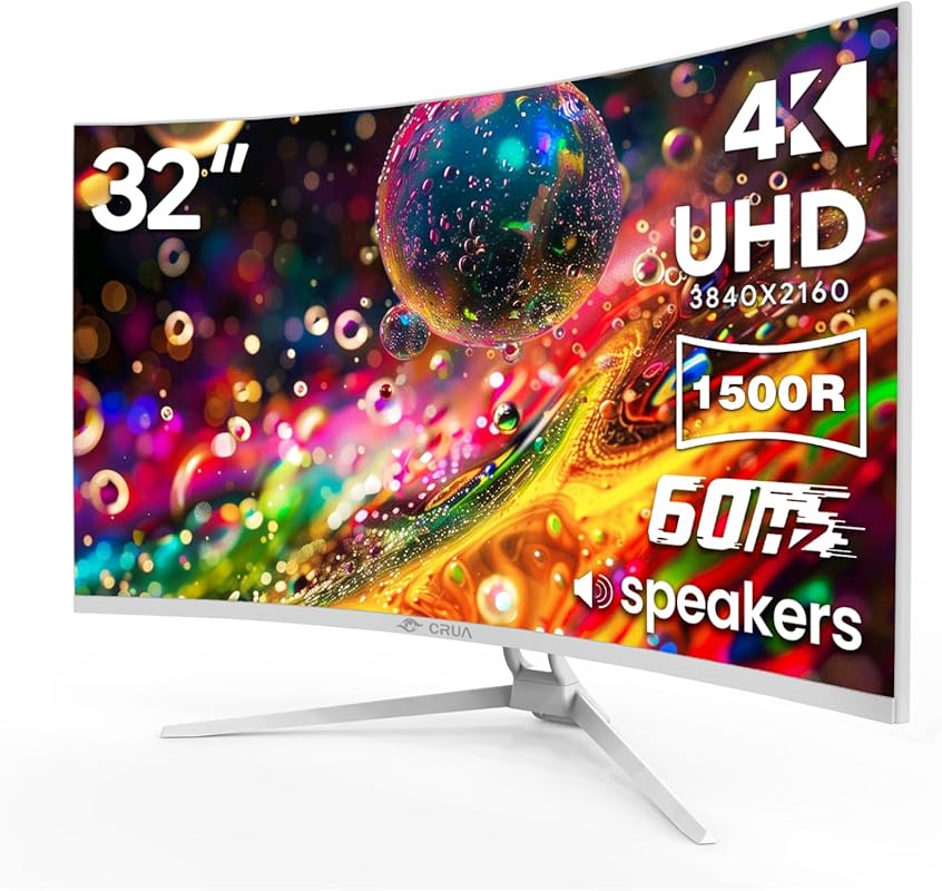 CRUA 32‑Inch Curved White 4K UHD Monitor, 1500R VA Panel, 60Hz, AMD Fr