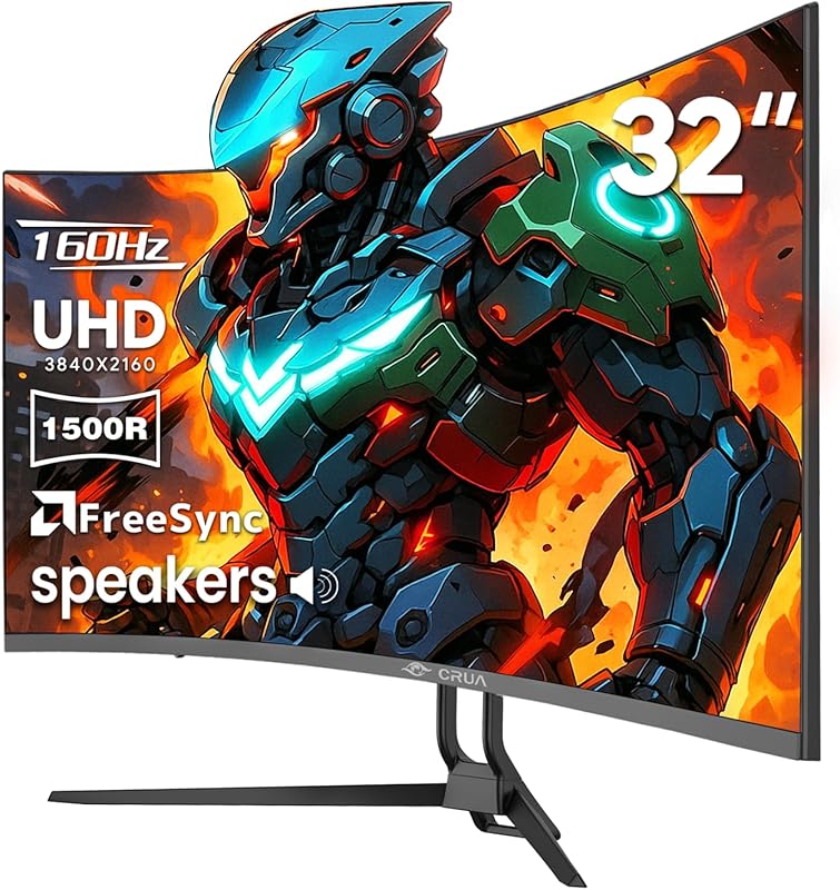 CRUA 32‑Inch Curved Black Monitor, 4K UHD 1500R VA, 144Hz, AMD FreeSyn