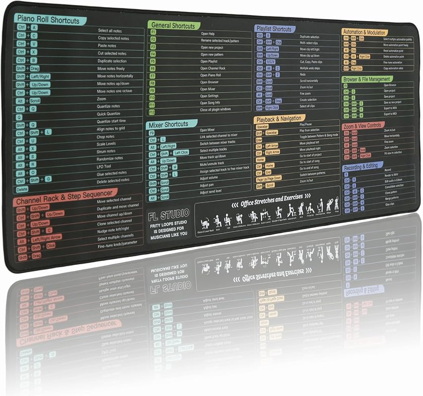 FL Studio Mousepad Extra Large Shortcuts Gaming Desk Mat Stitched Edge