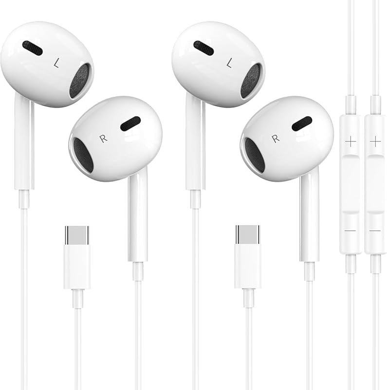 USB‑C Earbuds (2‑Pack) for iPhone 17/16/15 Pro Max, Type‑C Wired, Mic
