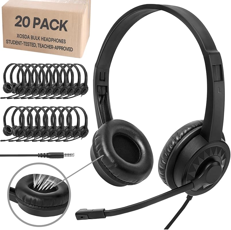 20‑Pack Bulk Classroom Headsets with Noise‑Cancelling Mic, Durable 3.5
