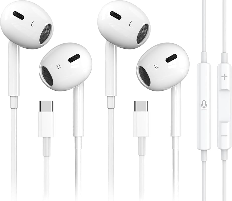 2‑Pack USB‑C Earbuds for iPhone 17/16/15 Pro Max, iPad, Galaxy S25‑S21, Note 10/20; Mic, Remote, Noise‑Cancelling