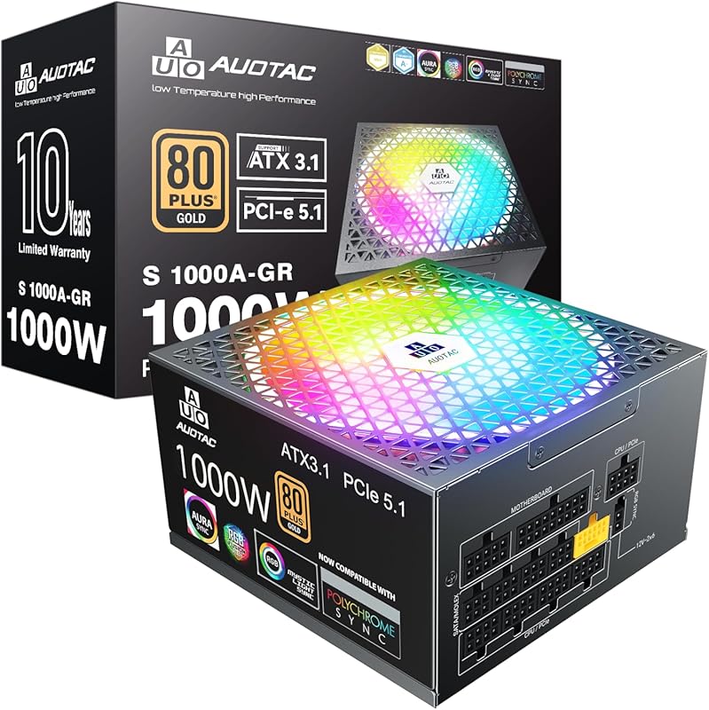 1000W 80+ Gold Fully Modular ATX 3.1 PCIe 5.1 Power Supply with RGB Sm