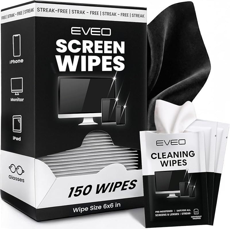 EVEO 150‑Pack Screen Wipes with microfiber backing, pre‑moistened for 