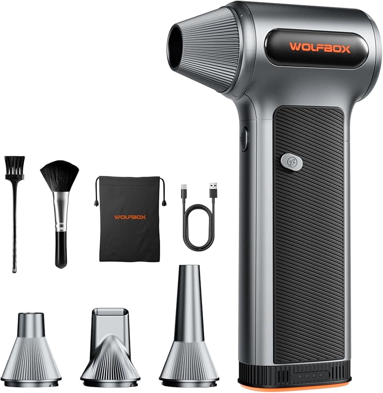 WOLFBOX MF200 Compressed Air Duster – Removable Battery, 4 Nozzles, 3‑