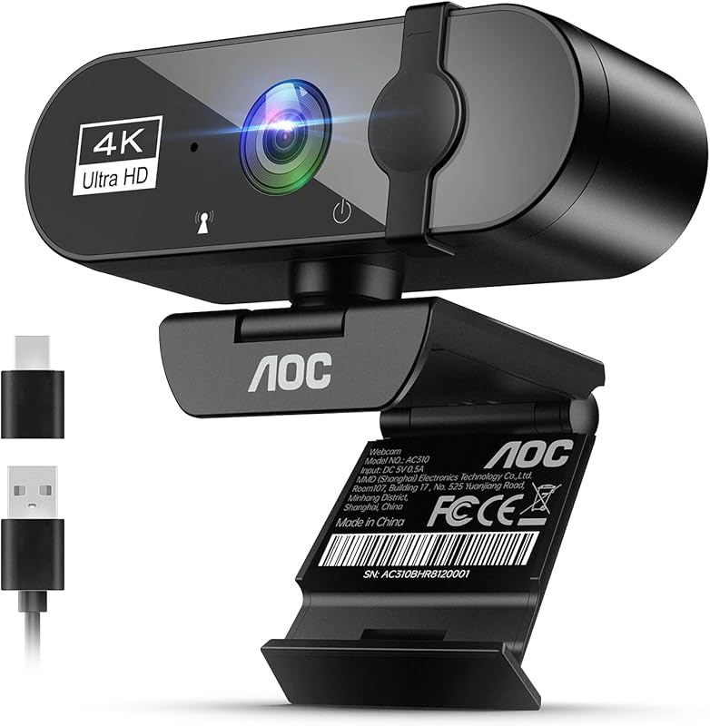 AOC 4K USB Webcam – 99° Wide Angle, Built‑in Mic with Noise Cancellati