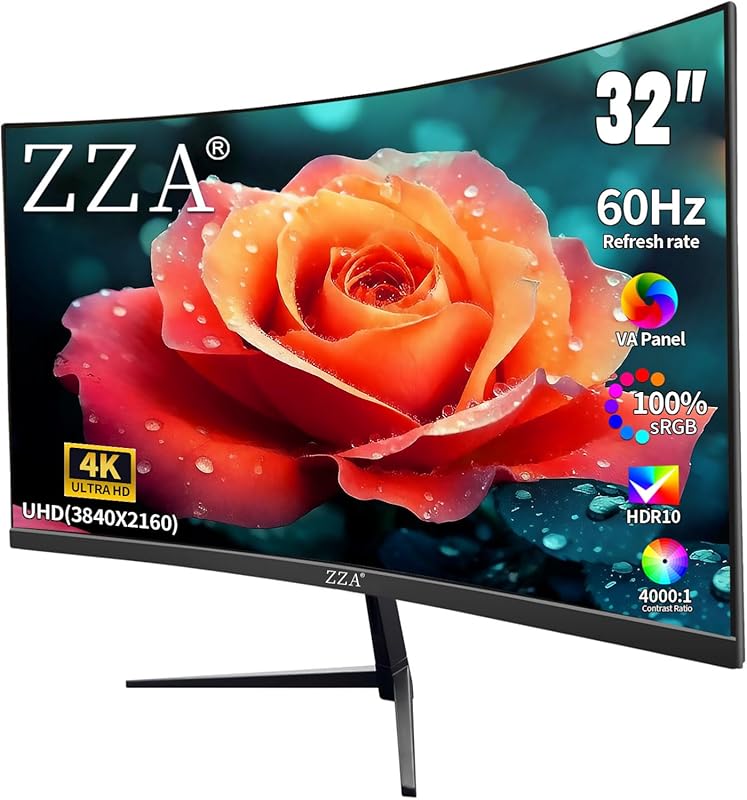 ZZA 32‑Inch 4K Monitor, 1500R Curved Screen, 60Hz, 100% sRGB, Eye‑Care