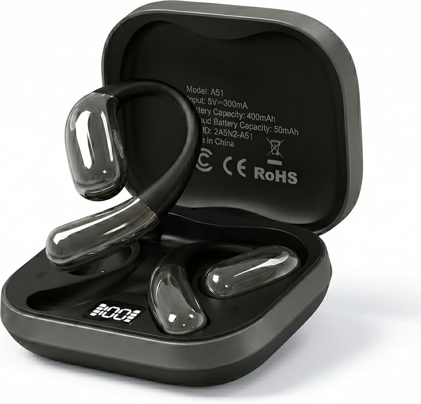 Open‑Ear Wireless Headphones with Smart Digital Display, Mic, 35 h Pla