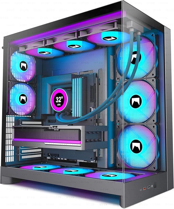H2 HYXN ATX PC Case with 8 Pre-Installed PWM ARGB Fans, Dual-Chamber M