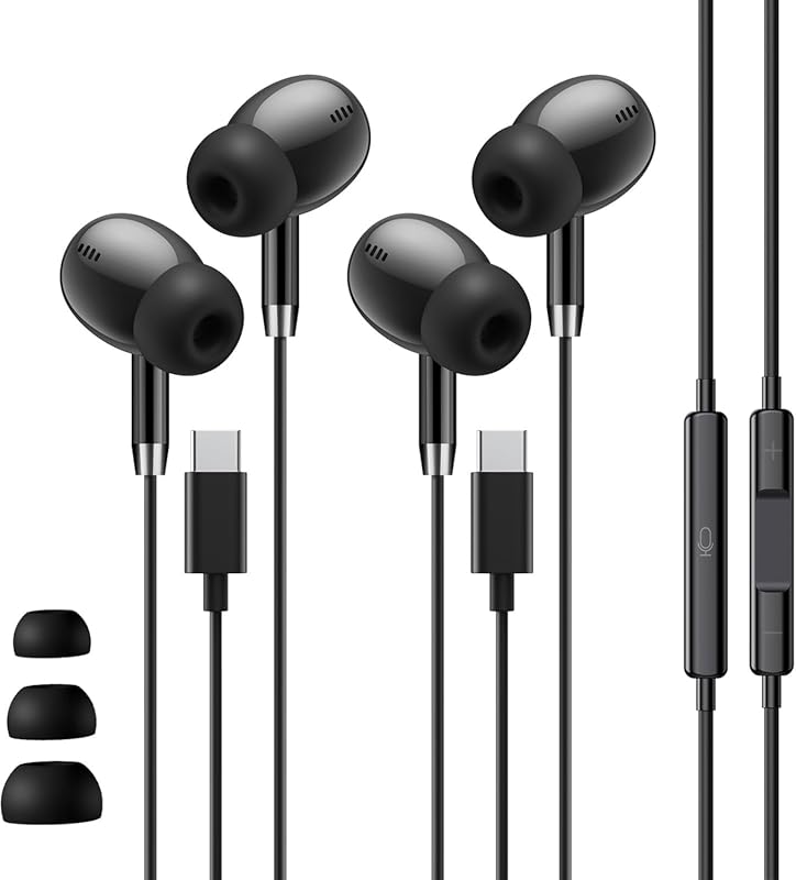 2‑Pack USB‑C Earbuds for Samsung S26 Ultra, S25, iPhone 17‑15, Android; Clear Mic, Noise‑Cancelling, Hi‑Fi Sound, Black