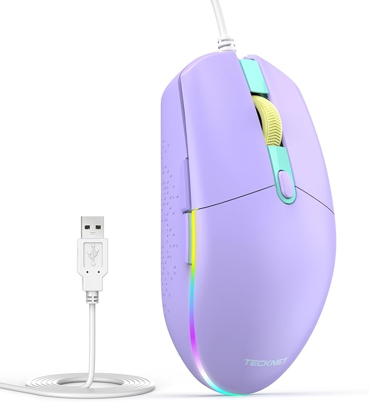 TECKNET RGB Backlit USB Wired Mouse – Full‑Size Silent Optical Mouse w