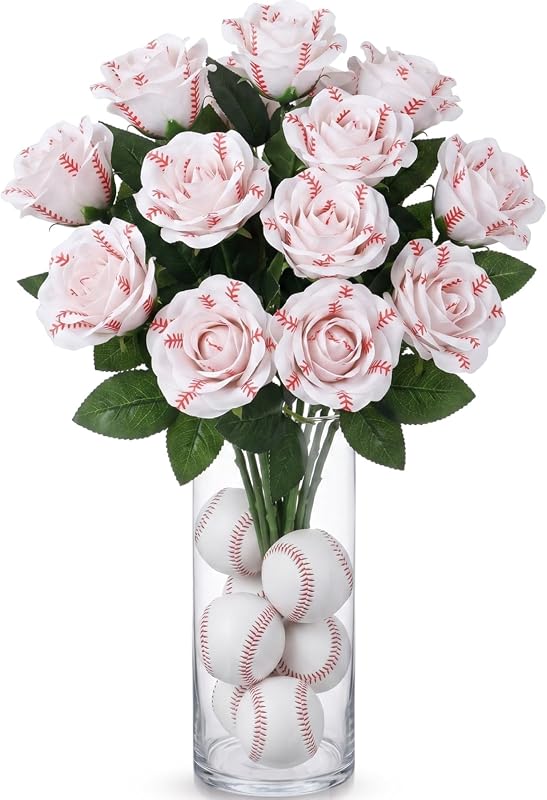 Suhine 12 Pcs Artificial Baseball Rose Flowers for Sports Party Decora
