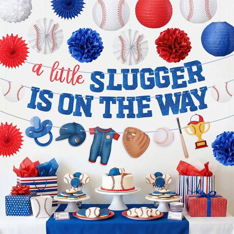 16 Pcs Baseball Baby Shower Decorations Including Banner, Pompoms, Fan