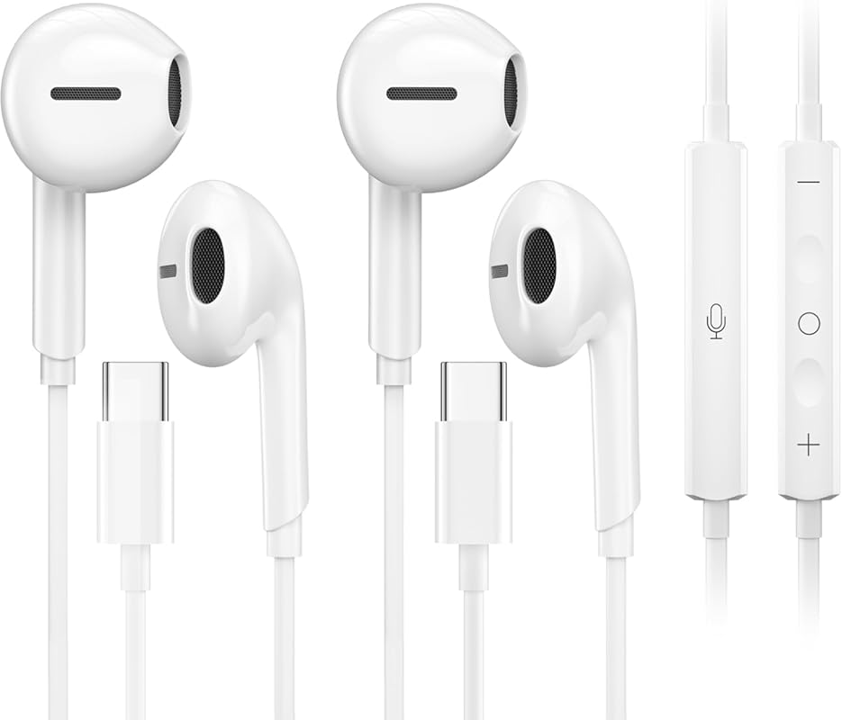 2‑Pack USB‑C Earphones for iPhone 17‑15, iPad Plus, Samsung S26‑S24 Ultra, Pixel 9; Mic, Volume Control, Wired
