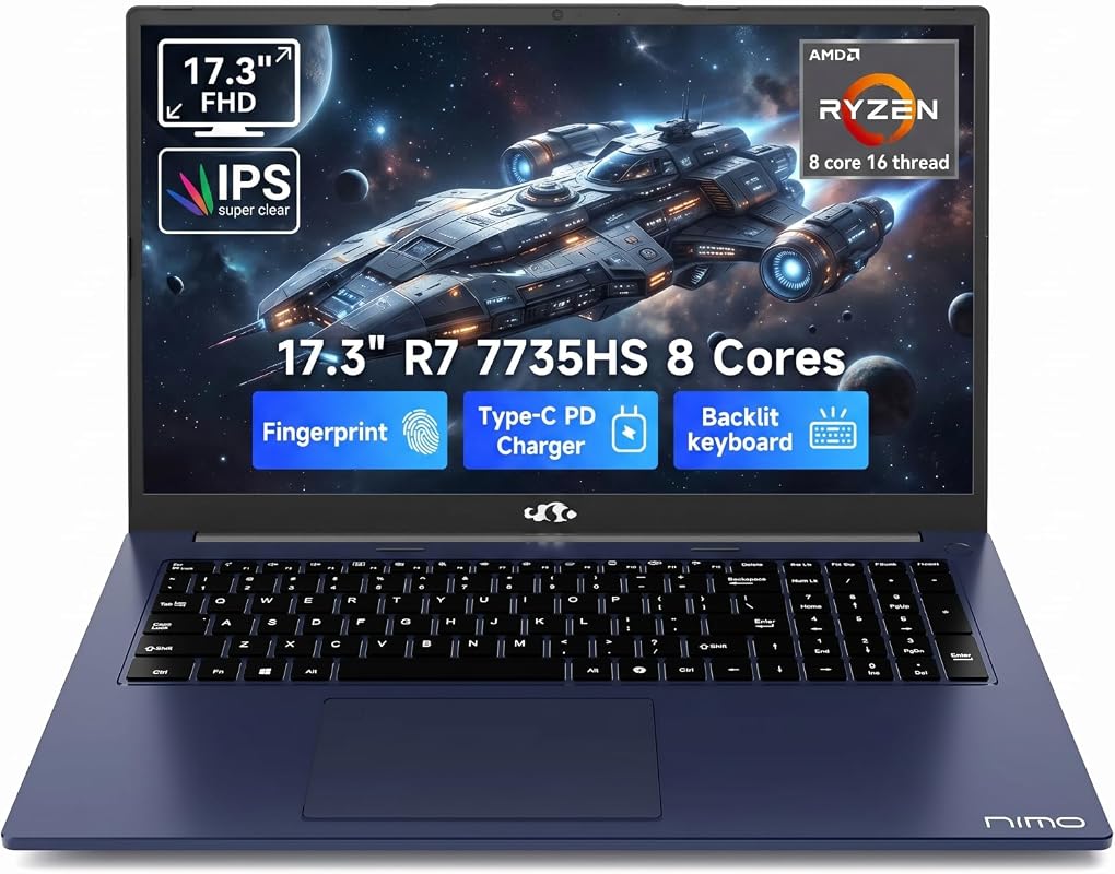 NIMO 17.3" Gaming Laptop, Ryzen 7 7735HS Up to 4.75GHz, 16GB DDR5, 512
