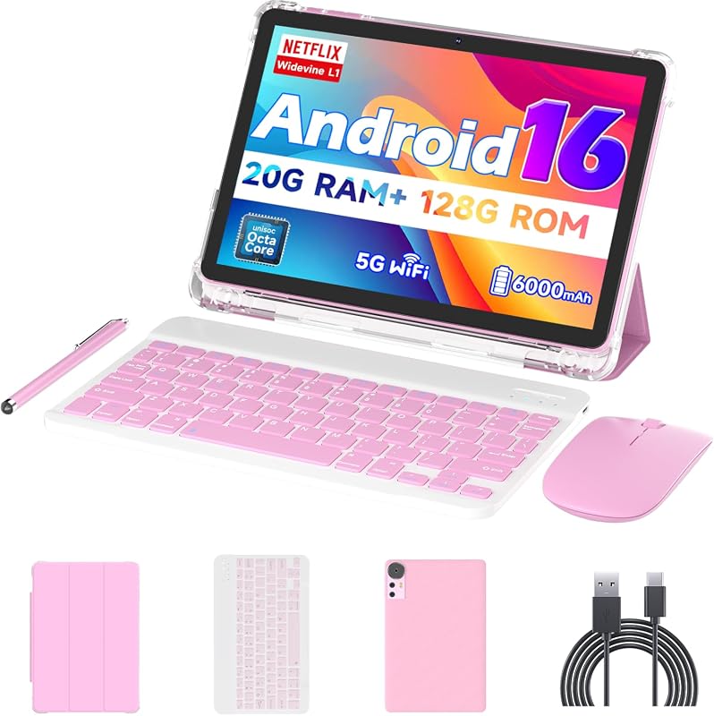 Android 16 10 Inch 2-in-1 Tablet with Keyboard, Stylus, Mouse, 20GB RA