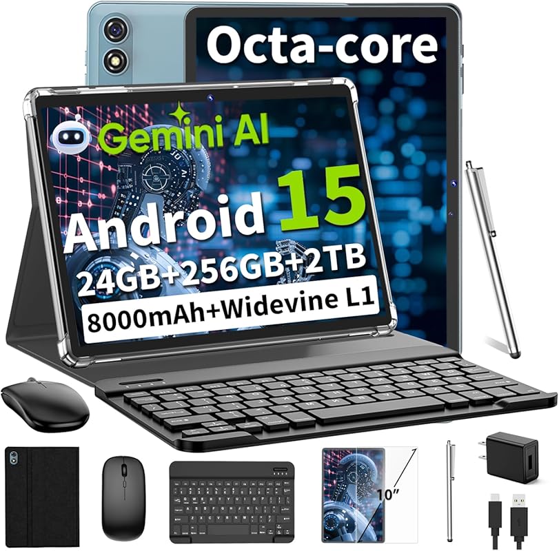Gemini AI Android 15 Tablet, Keyboard, 8‑Core, 5G Wi‑Fi, 8000 mAh Batt