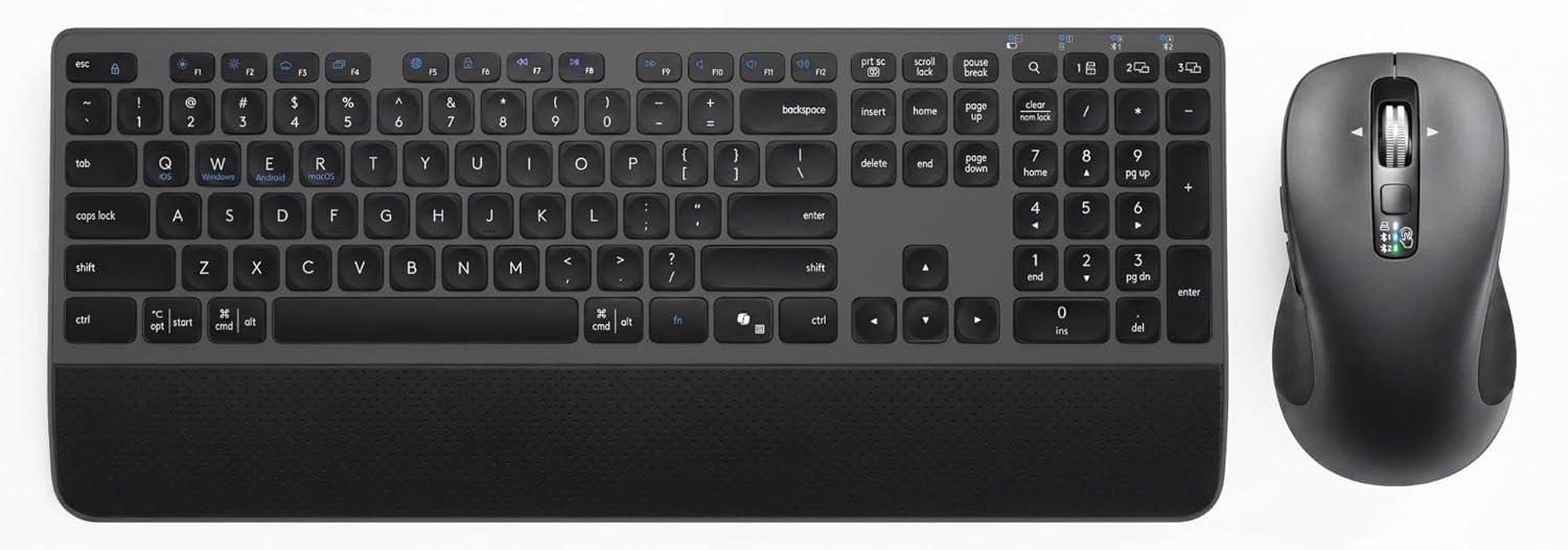Multi-Device Wireless Keyboard and Mouse Combo with Wrist Rest – Full-