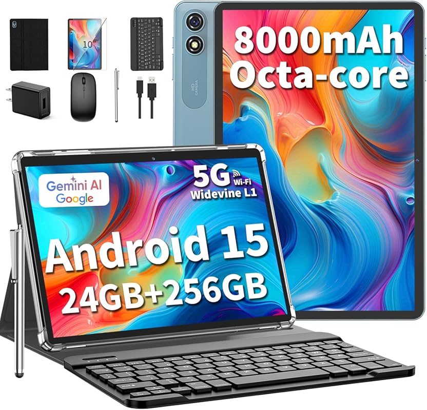 10‑inch Android 15 Tablet 2026 with Keyboard – 24 GB RAM + 256 GB/2 TB