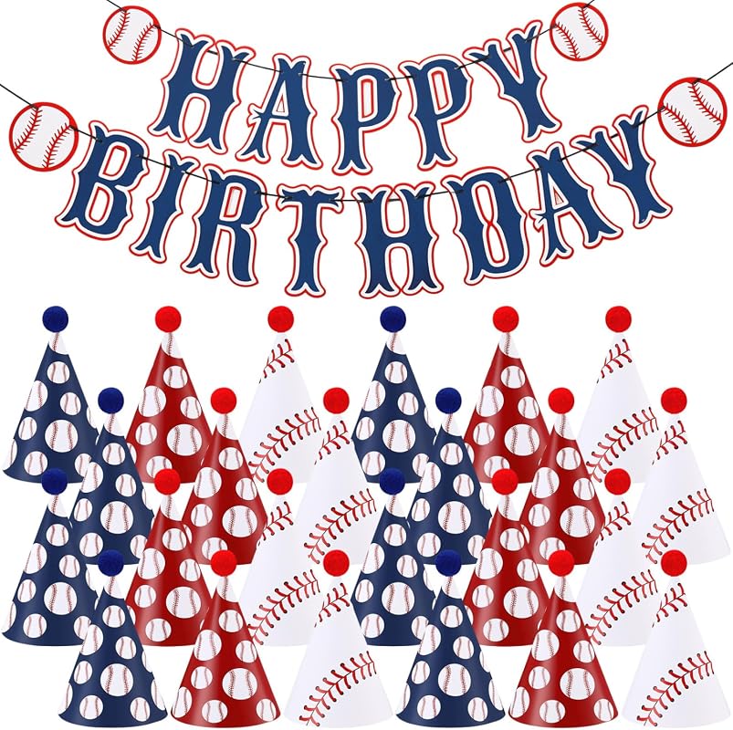 25 Pcs Baseball Birthday Decorations with Rookie Hats and Banner for P