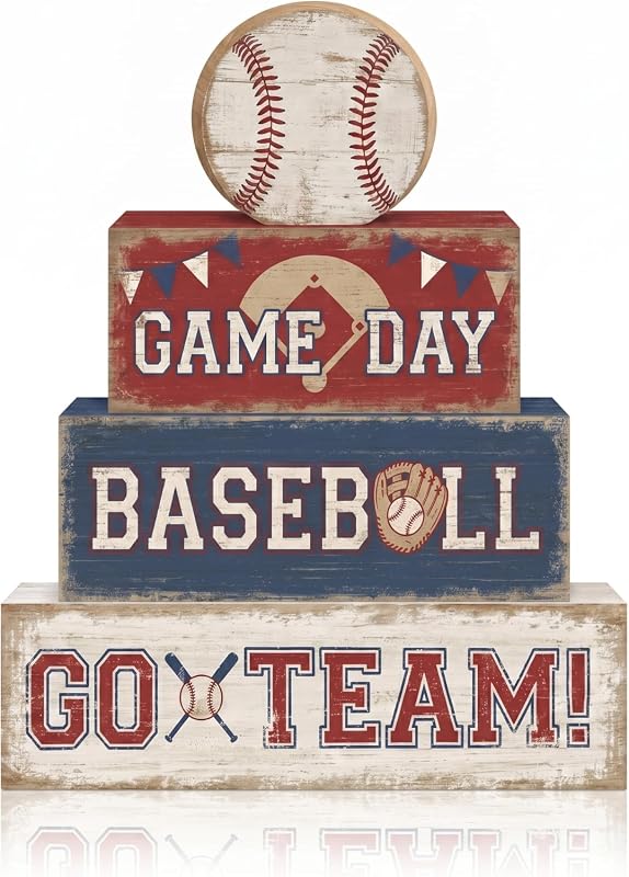4 Pcs Baseball Tiered Tray Decor Wooden Signs for Boys Bedroom, Game D