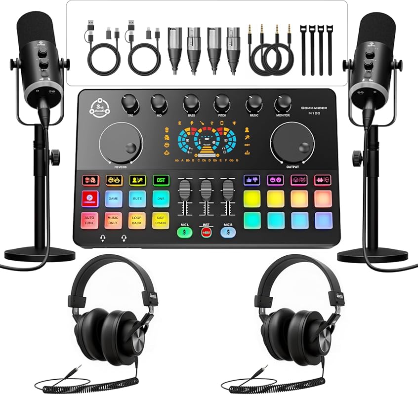 2‑Person Podcast Bundle – USB Audio Interface, 2 Dynamic XLR/USB Mics,