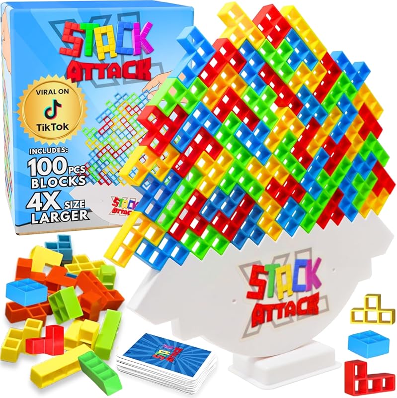 Stack Attack XL Tower Game – Giant 100‑Piece Building Block Set with 3